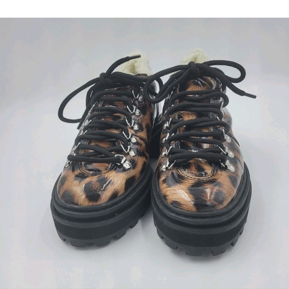 Schutz Lucille Leopard Patent Faux Shearling Ankle Boots 7B Lug Sole Block Heel - Picture 4 of 11